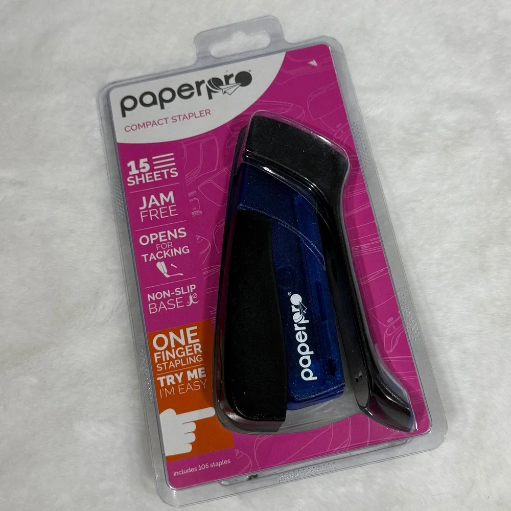 PaperPro Compact Stapler Blue Black One Finger 15 Sheet Capacity Jam Free 3054